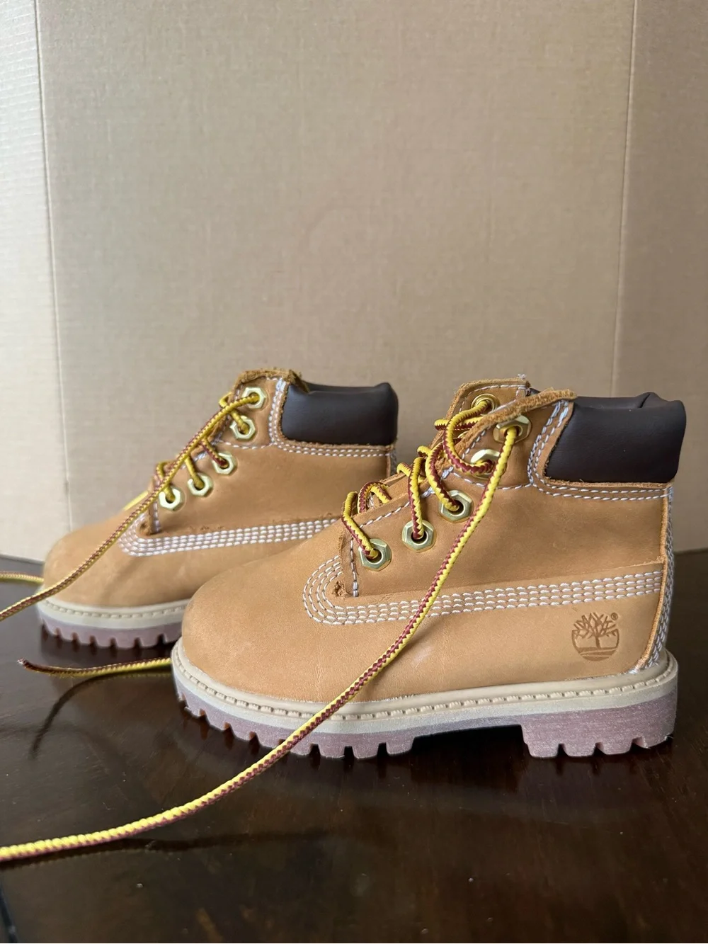Timberland Kids Wheat Nubuck Boots with Black Collar and Yellow/Red Laces